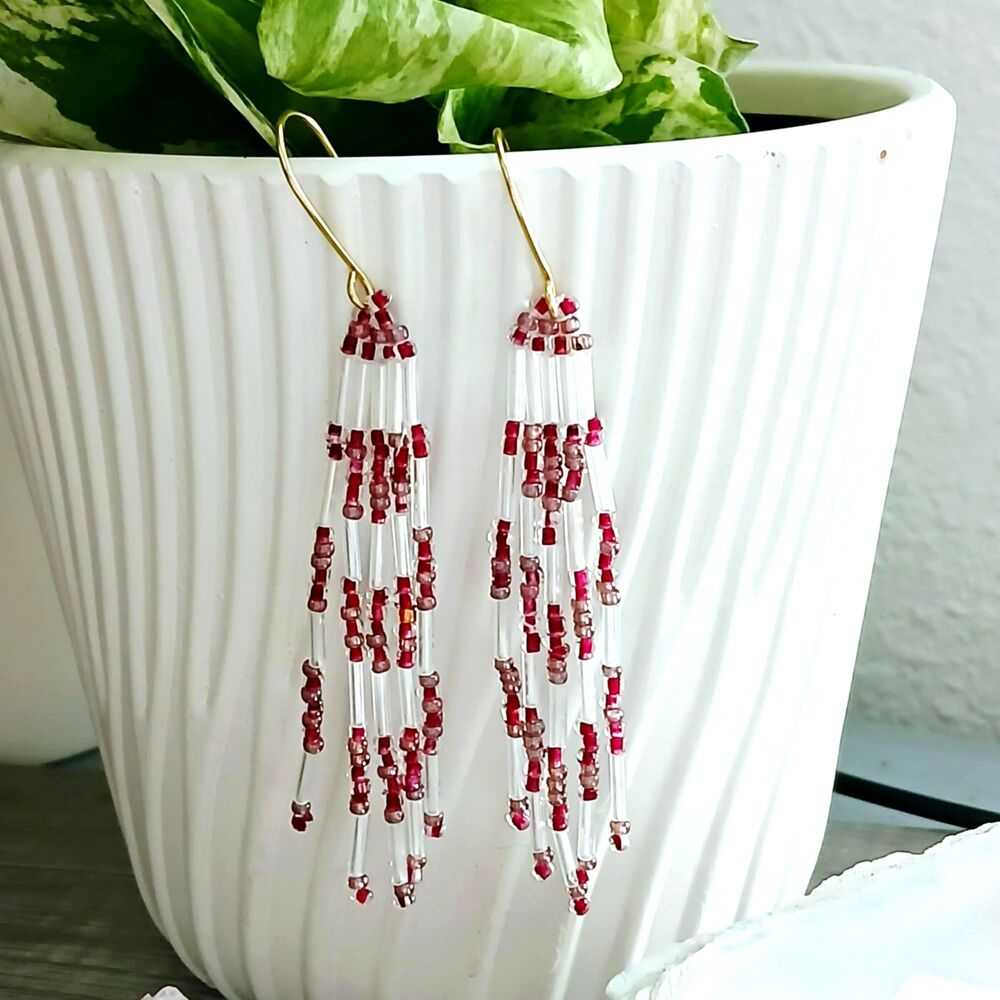 BOGO EARRINGS Boho Chic Beaded Fringe Dangle Earrings, Seed Bead, 3.5"